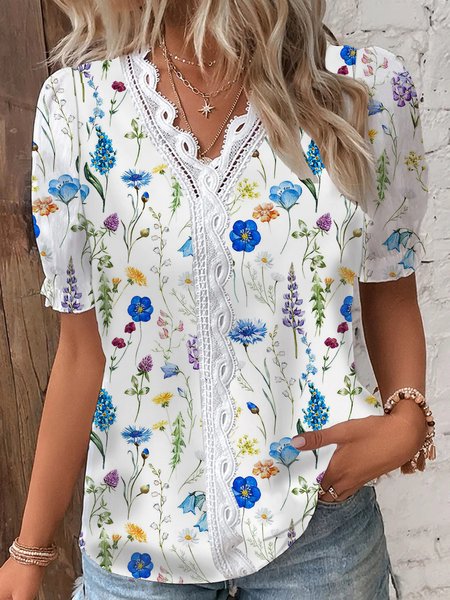 

Womens V Neck Floral Casual Loose Shirt, White, Shirts & Blouses