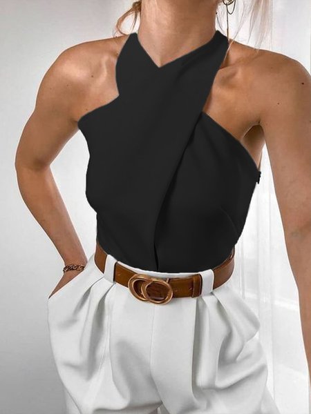 

Regular Fit Plain Halter Urban Tank Top, Black, Tanks and Camis