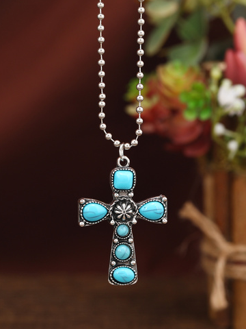 

Ethnic Cross Turquoise Necklace Sweater Chain Casual Vintage Women's Jewelry, As picture, Necklaces