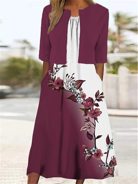

Elegant Crew Neck Loose Two-Piece Set, Purplish red, Suit Set