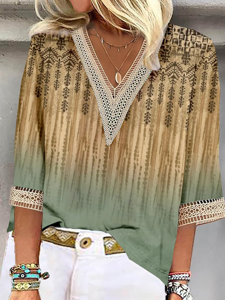 Casual Ombre V Neck Lace Shirt, Green, Shirts & Blouses