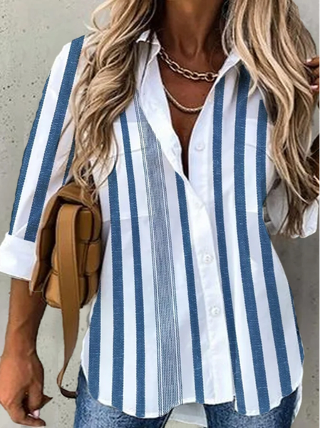 

Casual Shirt Collar Striped Blouse, Blue, Shirts & Blouses