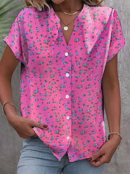 

Buttoned V Neck Casual Floral Blouse, Deep pink, Shirts & Blouses