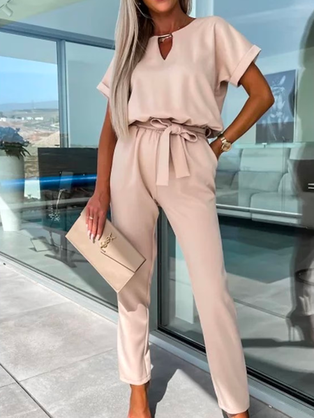 

Plain Crew Neck Elegant Loose Jumpsuit, Apricot, Jumpsuits＆Rompers