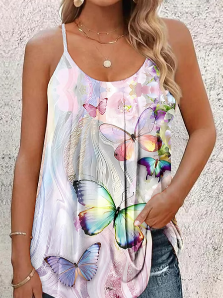 

Crew Neck Loose Casual Floral Tank Top, White, Tanks & Camis