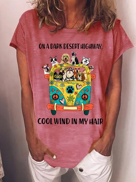 

Women's Funny On A Dark Desert Highway Cool Wind In My Hair Graphic Printing Casual Cotton-Blend Text Letters Loose T-Shirt, Red, T-shirts