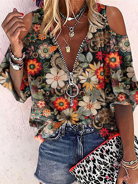 

V neck Casual Zipper Floral Shirt, Black, Shirts & Blouses