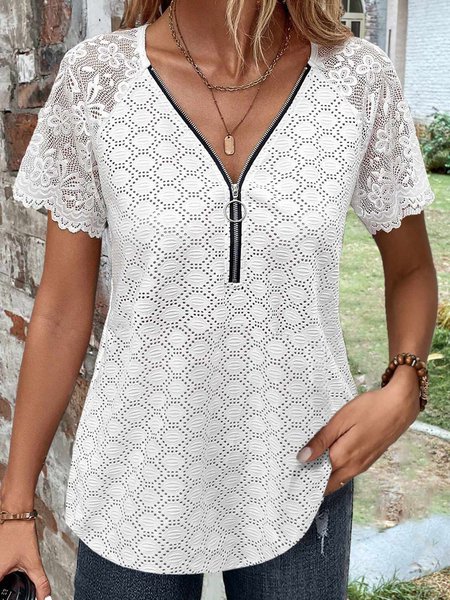 

Casual Knit Jacquard Panel Lace Loose Top, White, Shirts & Blouses