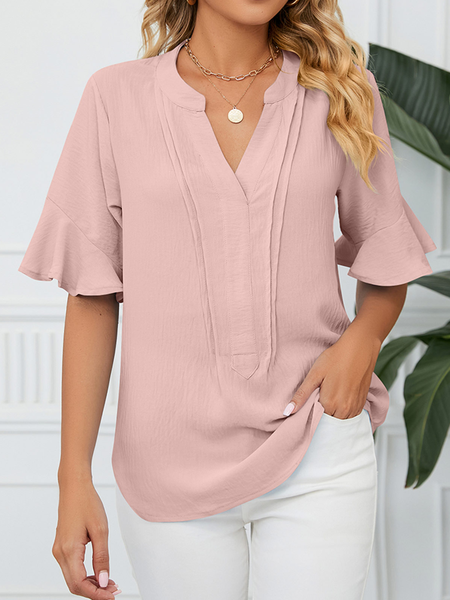 

Flare Sleeve Loose Plain Stand Collar Elegant Shirt, Pink, Shirts & Blouses