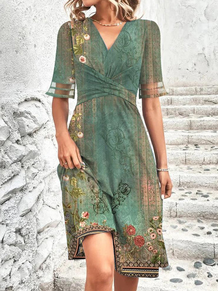 

Casual Loose Floral Dress With No Belt, Green, Dresses