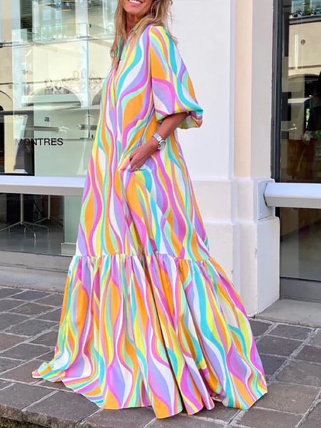 

Geometric Vacation Shirt Collar Regular Fit Dress, As picture, Maxi Dresses