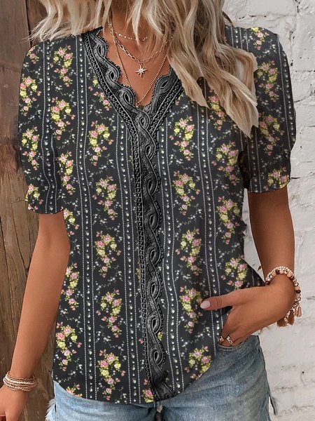 Lace Loose Casual Floral Shirt, Black, Blouses