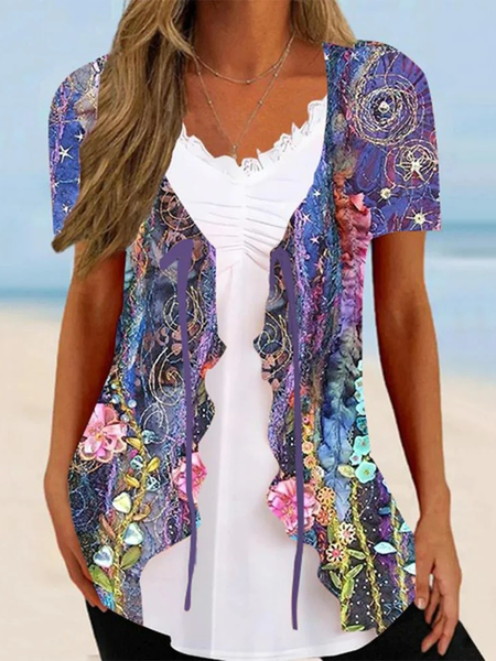 

Floral Casual Loose V Neck Shirt, Purple, Shirts & Blouses