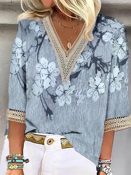 

Loose Lace V Neck Vintage Shirt, Blue, Shirts & Blouses
