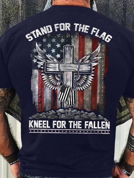 

Men's Funny Stand For The Flag Kneel For The Fallen Flag Cross Graphic Printing Casual Loose Cotton T-Shirt, Purplish blue, T-shirts