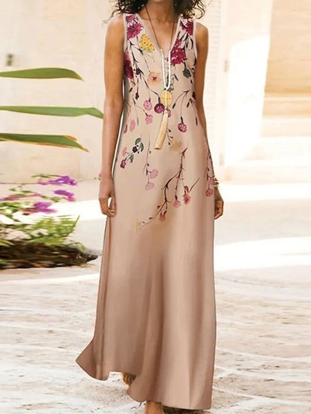 

Loose Crew Neck Casual Floral Dress, Khaki, Casual Dresses