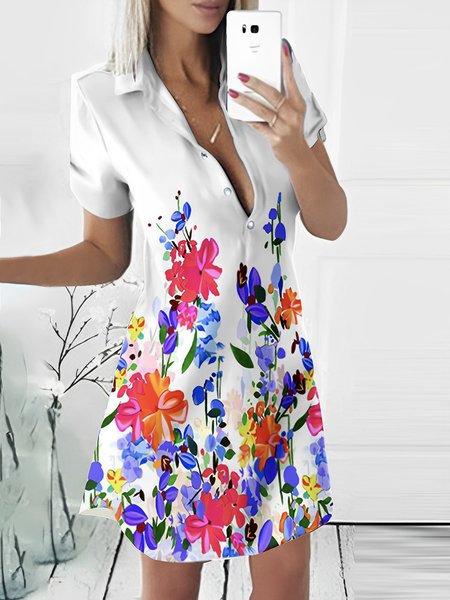 

Regular Fit Urban Shirt Collar Floral Dress, White, Mini Dresses