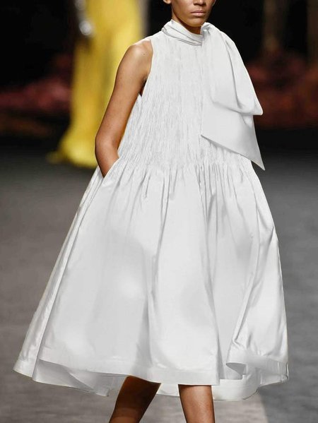 

Plain Elegant A-Line Loose Dress, White, Midi Dresses