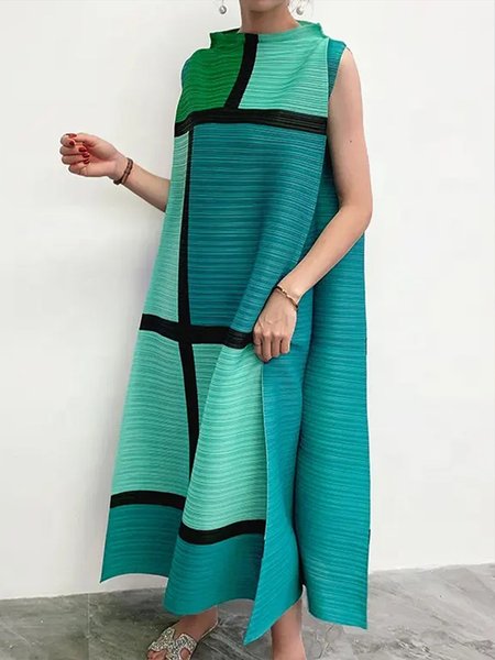 

Plus Size Loose Vacation Colorblock Stand Collar Dress, Green, Plus Dresses