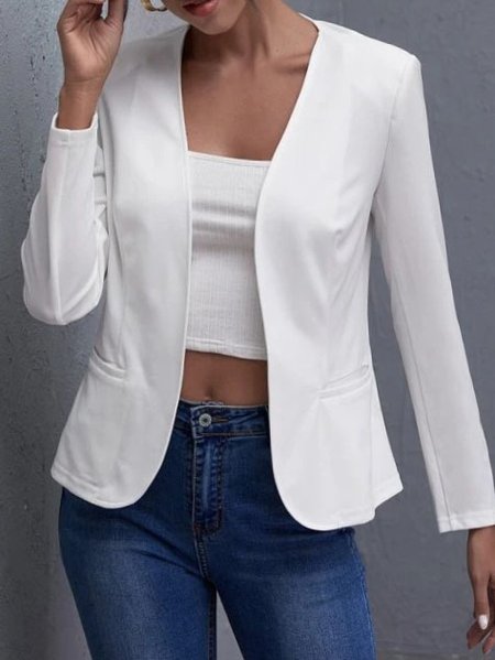

Loose Plain Casual Blazer, White, Coats