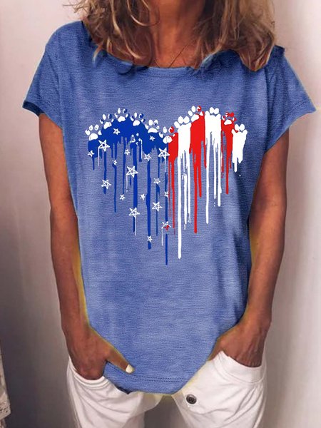 Women's Independence Day Love Dog Paws Blue White Red Graphic Printing 4th Of July Cotton Blend Casual Loose T Shirt