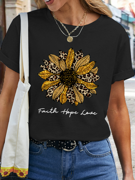 

Women's Sunflower Faith Hope Love Cotton Casual T-Shirt, Black, T-shirts