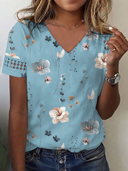 V Neck Lace Floral Casual T Shirt