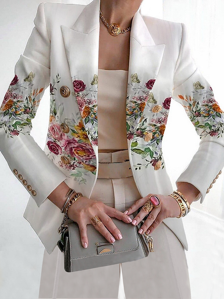 Urban Lapel Collar Loose Long sleeve Floral Blazer, White, Blazers