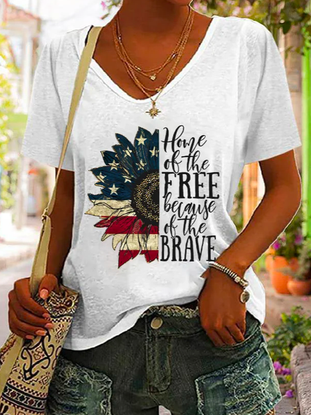

America Flag Casual V Neck Loose Home Of The Free Because Of The Brave Print Women's T-shirt, White, T-Shirts