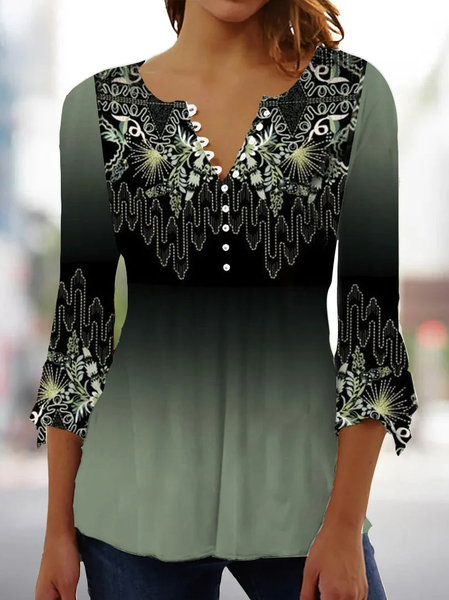 

V Neck Floral Casual Shirt, Green, Shirts & Blouses