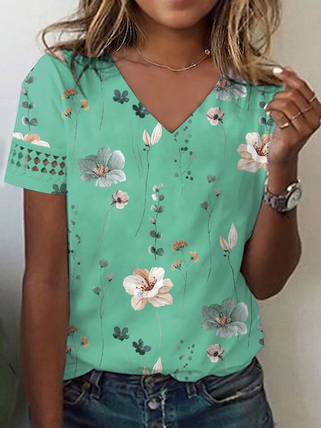 

V Neck Lace Floral Casual T-Shirt, Green, T-Shirts
