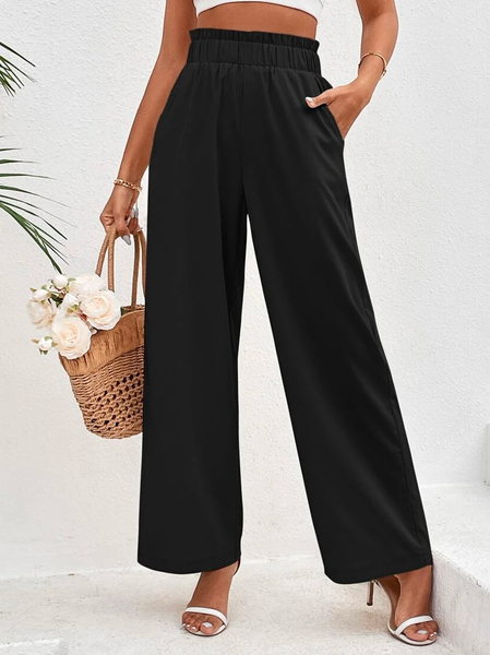 

Cotton Casual Plain Paperbag Waist Wide Leg Pants, Black, Pants