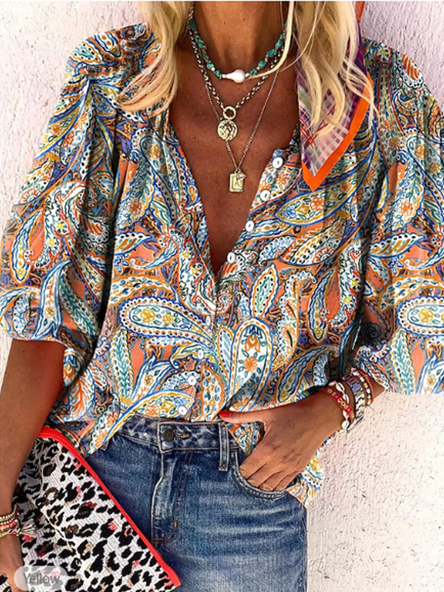 

Floral Loose V Neck Casual Blouse, Cyan, Shirts & Blouses