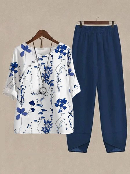 Crew Neck Buckle Floral Casual Two Piece Set