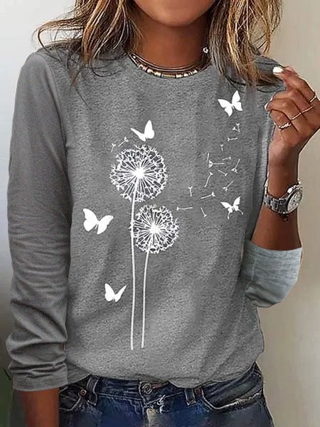 

Dandelion Casual Jersey Loose T-Shirt, Gray, Long Sleeves