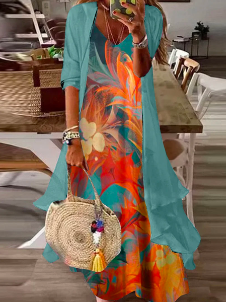 

Loose Elegant Floral Printed Two-Piece Maxi DressTwo-Piece Set, Orange, Suit Set
