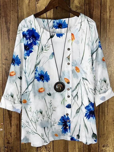 

Floral Loose Crew Neck Casual Shirt, White, Shirts & Blouses