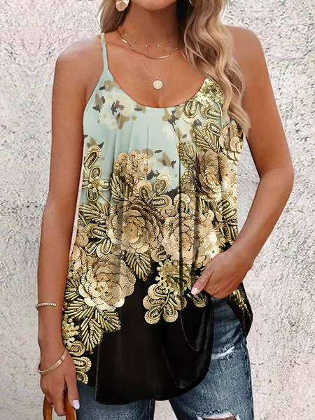 

Casual Loose Floral Spaghetti Cami, Green, Tanks & Camis