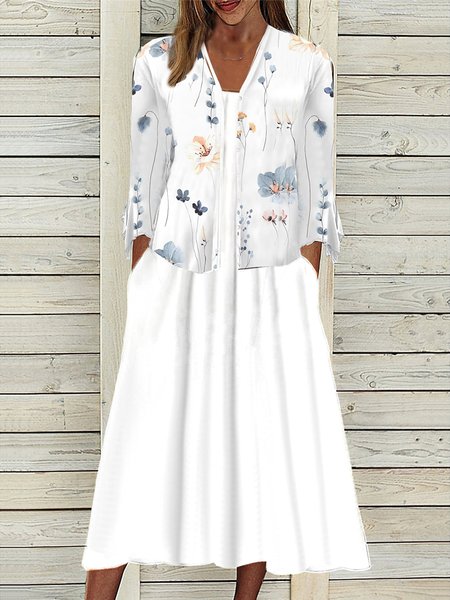

Others Floral Knitted Casual Two-Piece Set, White, Suit Set