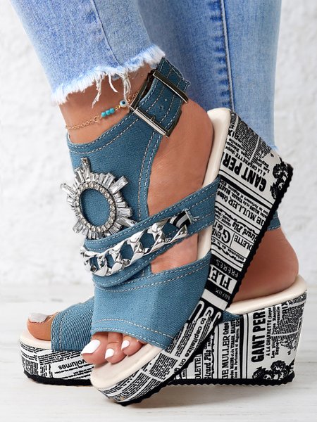 

Newspaper Print Rhinestone Chain Slingback Platform Wedge Sandals, Light blue, Sandals & Slippers