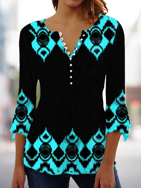 

Casual Ethnic V Neck Loose Shirt, Black, Shirts & Blouses