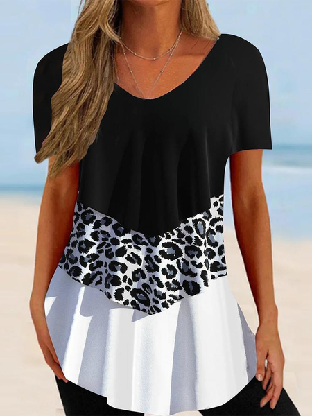 

Leopard Regular Fit V Neck Casual T-Shirt, Black, T-Shirts
