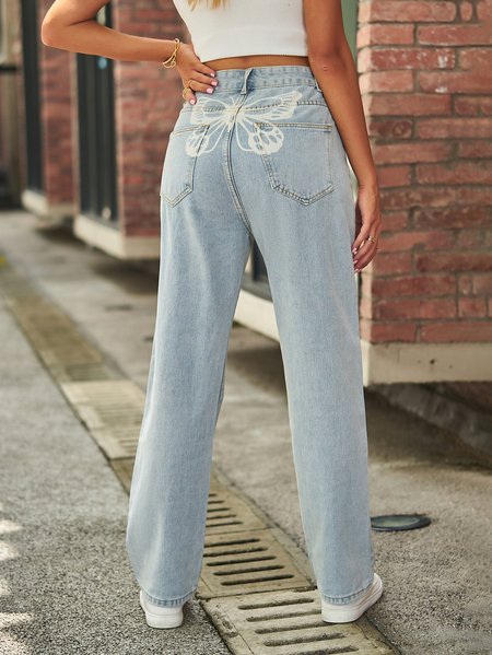 

Denim Trendy Butterfly Pattern Women's Jeans, Light blue, Jeans