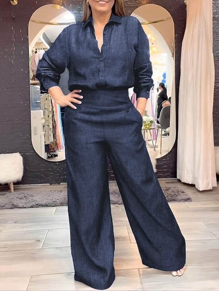 

Urban Shirt Collar Plain Loose Two-Piece Set, Two-piece Set