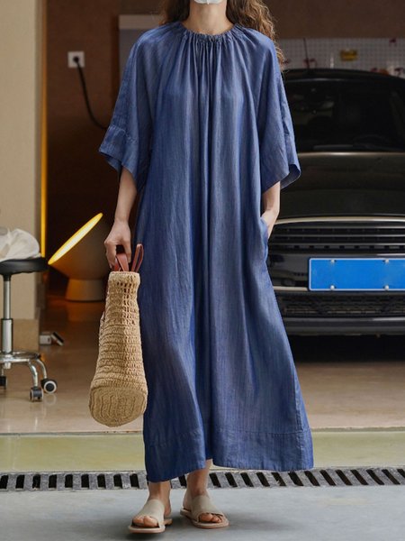 

Casual Loose Crew Neck Plain Faux Denim Dress, Blue, Maxi Dresses
