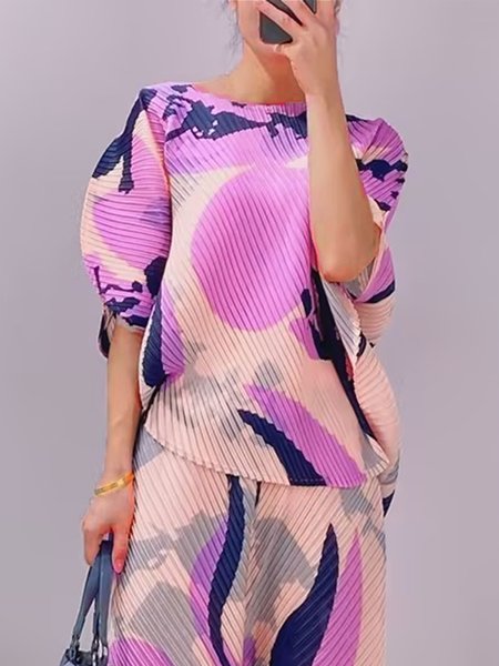 

Micro Pleat Urban Loose Crew Neck Shirt, As picture, Blouses and Shirts