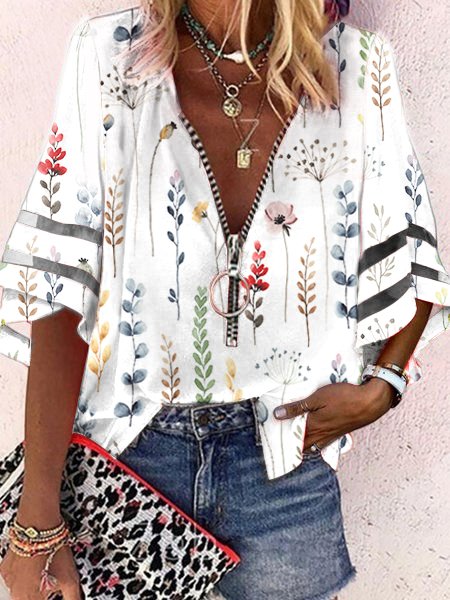

Casual V Neck Floral Zipper Shirt, White, Shirts & Blouses
