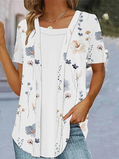 

V Neck Loose Casual Floral Blouse, White, Blouses