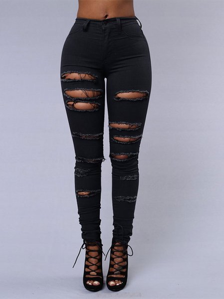

Zipper Fly Ladder Cutout Ripped Skinny Jeans, Black, Jeans