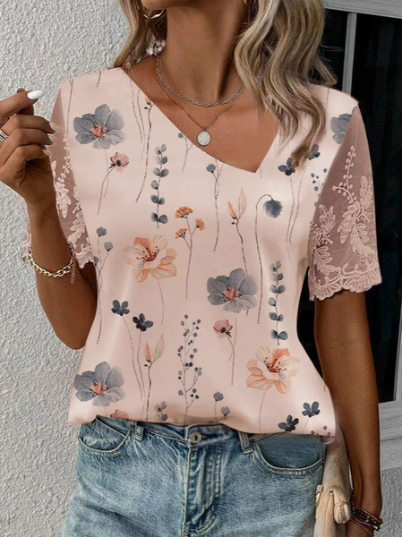 

Lace Split Joint Casual Floral Shirt, Pink, Shirts & Blouses